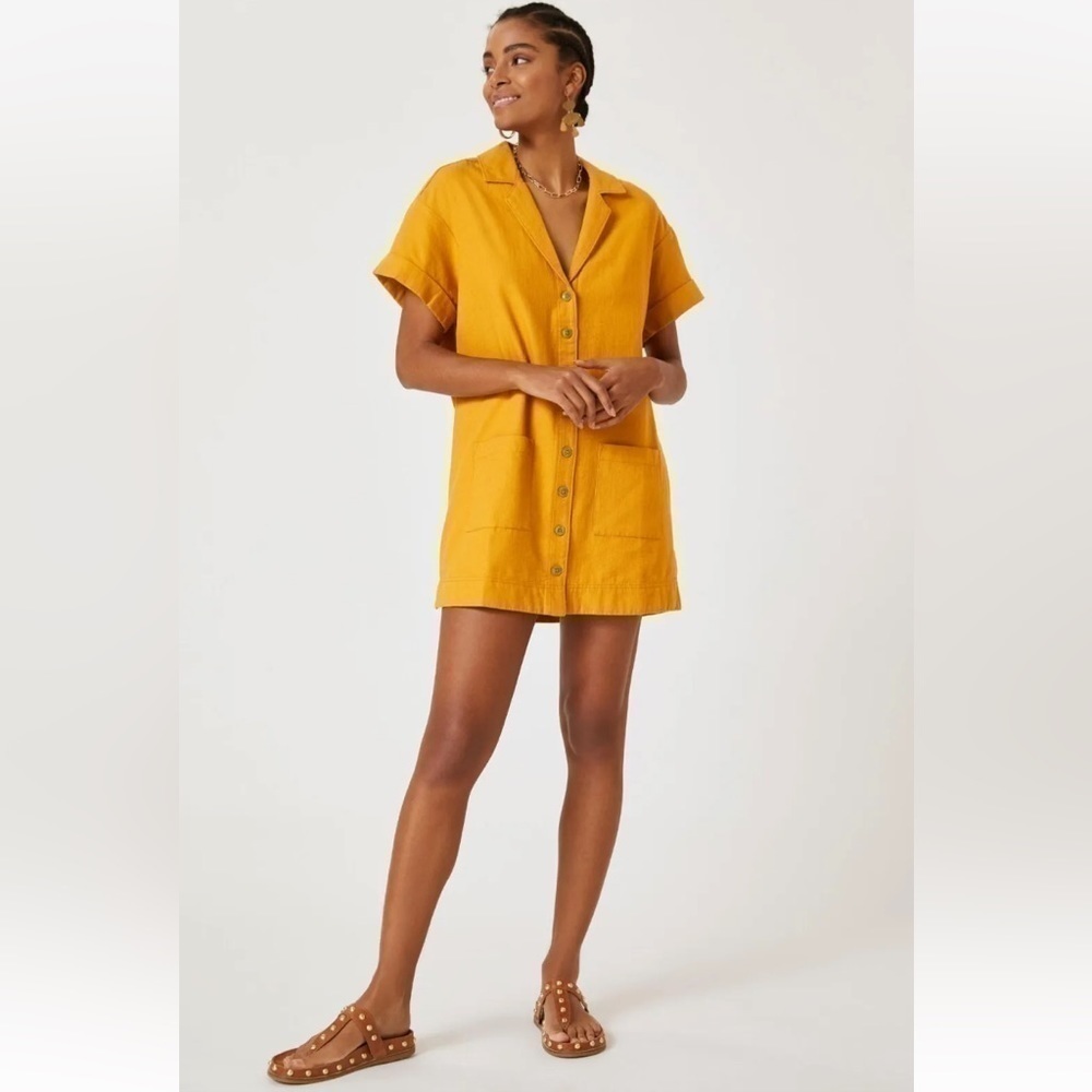 Anthropologie Pilcro Button Down Shirt Dress Gold Pocket Short Sleeve NWT XS